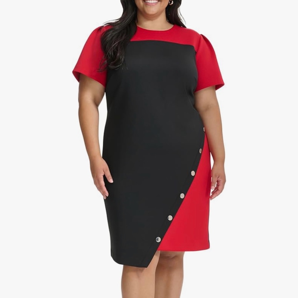Tommy Hilfiger Women’s 18W Scuba Crepe Structured Short Sleeve Dress Black Red